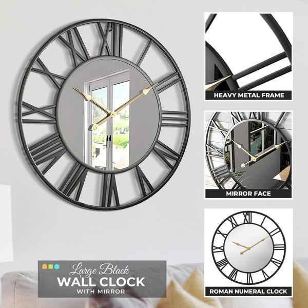 Large Black Wall Clock with Mirror, 24" Silent Roman Clock, Heavy Metal, Living Room Wall Decor-Sona Casa