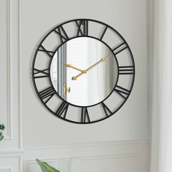 Large Black Wall Clock with Mirror, 24" Silent Roman Clock, Heavy Metal, Living Room Wall Decor-Sona Casa