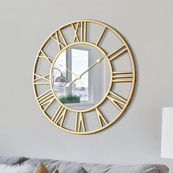 Large Golden Wall Clock with Mirror, 24" Silent Roman Clock, Heavy Metal, Living Room Wall Decor-Sona Casa