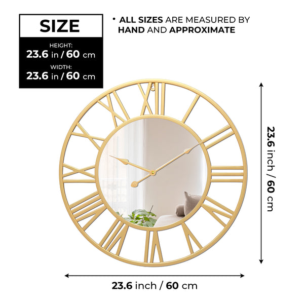 Large Golden Wall Clock with Mirror, 24" Silent Roman Clock, Heavy Metal, Living Room Wall Decor-Sona Casa