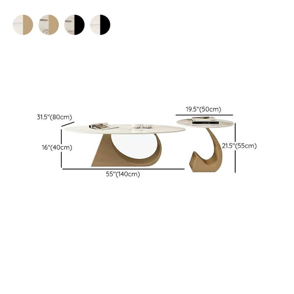 Modern Oval Coffee Table Set 47" and 20" White Marble Top, Metal Gold Frame by Sona Casa