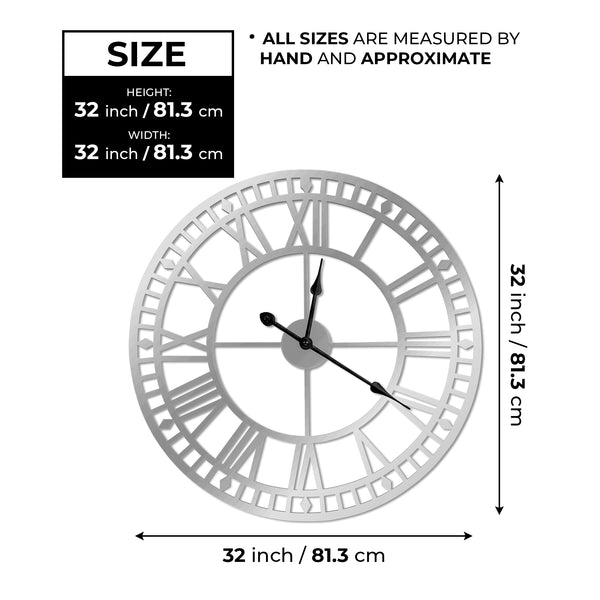 Oversized Round Metal Wall Clock, Large 32", Roman Numeral Silver Silent Clock Home Office Decor by Sona Casa