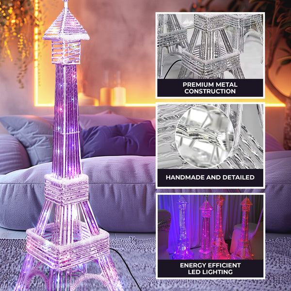 Tall Floor Lamp, Handcrafted 63" Eiffel Tower Paris Multicolor LED Light White Metal by Sona Casa