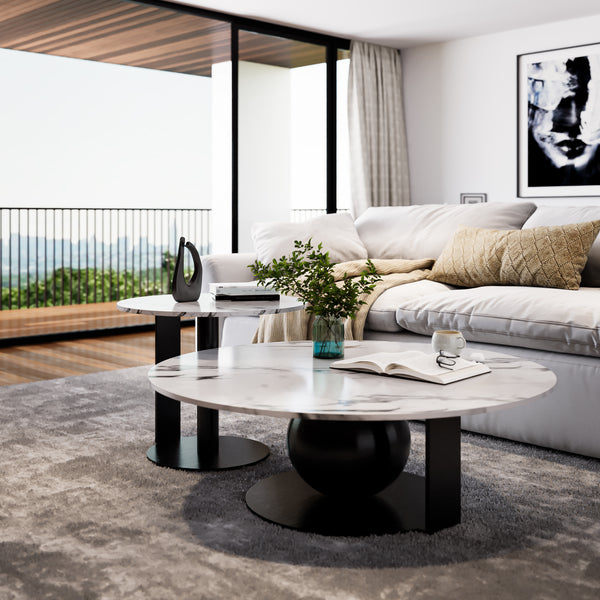 Modern Coffee Table Set of 2, 32" and 16" Marble Surface, Metal Ball Base, Matte Black Finish, Home Decor by Sona Casa