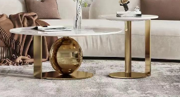 Modern Golden Coffee Table Set 32" and 16", White Marble Top, Metal Ball Base, Home Decor by Sona Casa