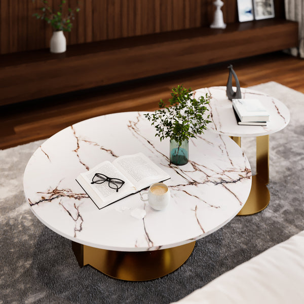 Modern Golden Coffee Table Set 32" and 16", White Marble Top, Metal Ball Base, Home Decor by Sona Casa