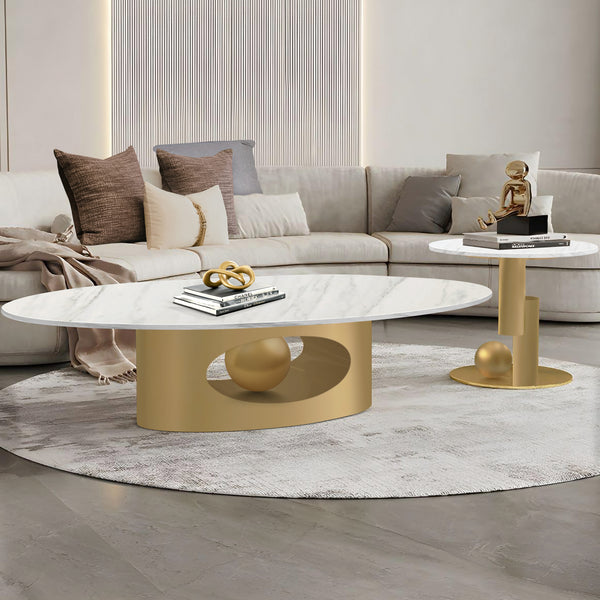 Modern Golden Oval Coffee Table Set 47" and 20", White Marble Surface, Metal Ball Base Design Home Decor by Sona Casa