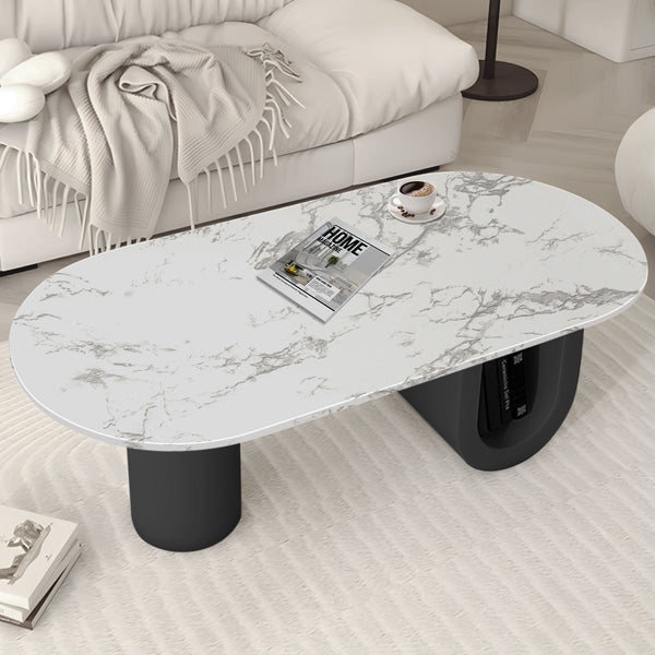 Designer Coffee Table 47" White Marble Top, Metal Blocks Matte Black Base by Sona Casa