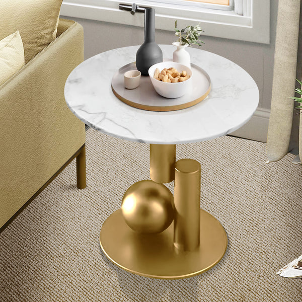 Modern Round Corner Table, 16" Marble Top, Gold Metal Frame, Side, Centerpiece, Home Accent by Sona Casa