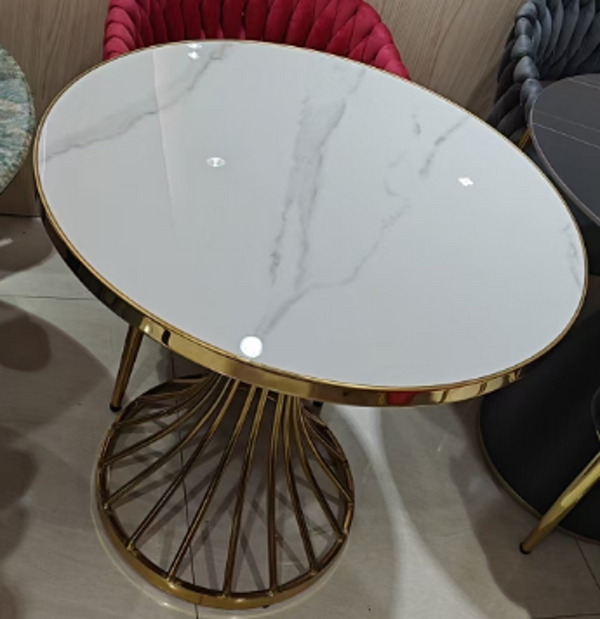 Round Stone Cocktail Table with 2 Upholstered Gray Accent Chairs, Gold Frame Space Saver Compact & Elegant Dining Set-Sona Casa