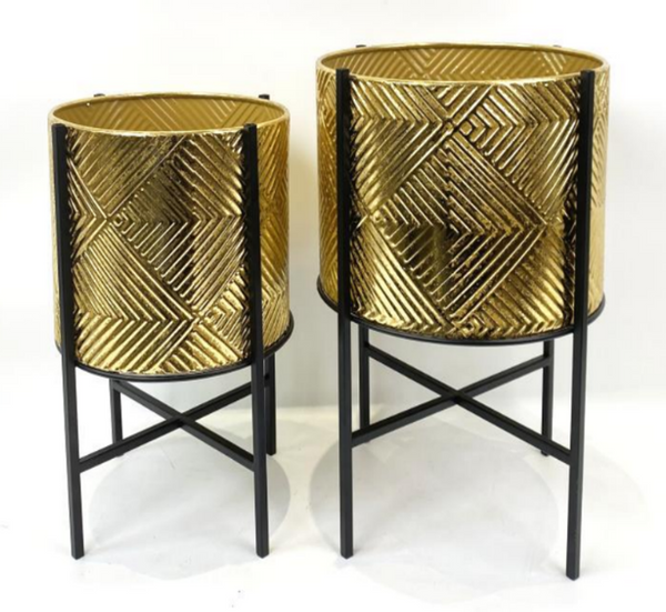 Rustic Golden Planters, Textured Foil Surface, Metal Plant Pots Pair with Black Stand, Unique Indoor Decor Gifts-Sona Casa