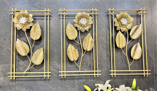 3 Piece Gold Flowers Metal Wall Decor Set, Elegant Floral Sculptures, 50cm Tall x 30cm Wide Panels Home Office Decor-Sona Casa