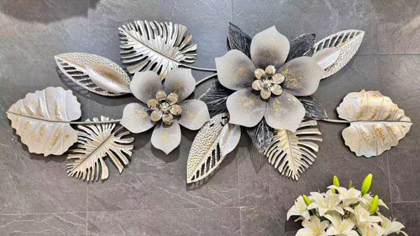 Large Metal Flower Wall Art, 3D Floral Wall Sculpture, Modern Botanical Decor with Silver & Gray Leaves, Textured Metal Wall Decor for Living Room, Bedroom, or Entryway-Sona Casa