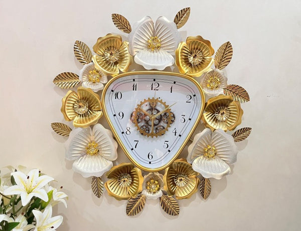 Gold and White Floral Designer Wall Clock, Large Modern Metal Art, Silent Geometrical Triangle Clock for Home Living Room Decor-Sona Casa