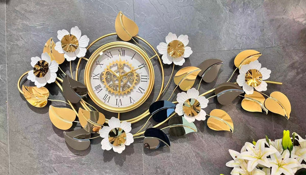 Large Elegant Wall Clock with Silent Movement, Gold White Silver Floral Design, Modern Decorative Home Accent Clock-Sona Casa