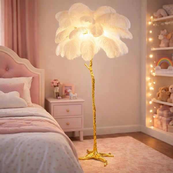 Luxurious Ostrich Feather Floor Lamp, Elegant Gold Branch LED Standing Light, Home or Office Decor by Sona Casa