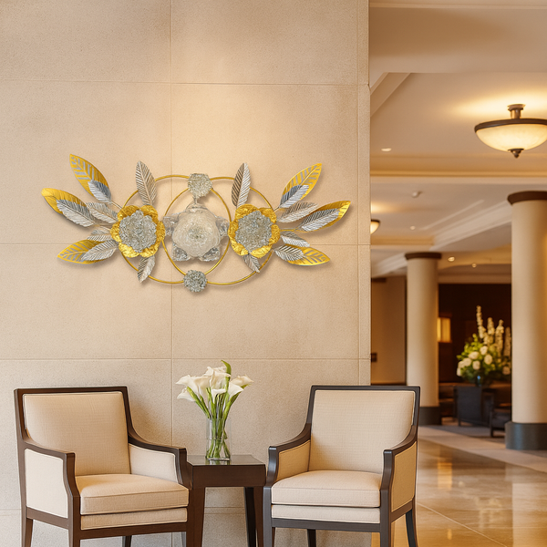 Large Gold Metal Wall Decor with Floral and Leaf Motif, 18 x 50 inch Elegant 3D Botanical Sculpture Home Office Decor-Sona Casa