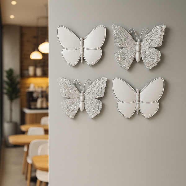 4 Piece Silver Butterfly Wall Decor Set, 3D Wall Sculpture & Mirrored Accents, Modern Glam Home Decor for Bedroom, Living Room, Nursery-Sona Casa