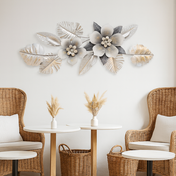 Large Metal Flower Wall Art, 3D Floral Wall Sculpture, Modern Botanical Decor with Silver & Gray Leaves, Textured Metal Wall Decor for Living Room, Bedroom, or Entryway-Sona Casa