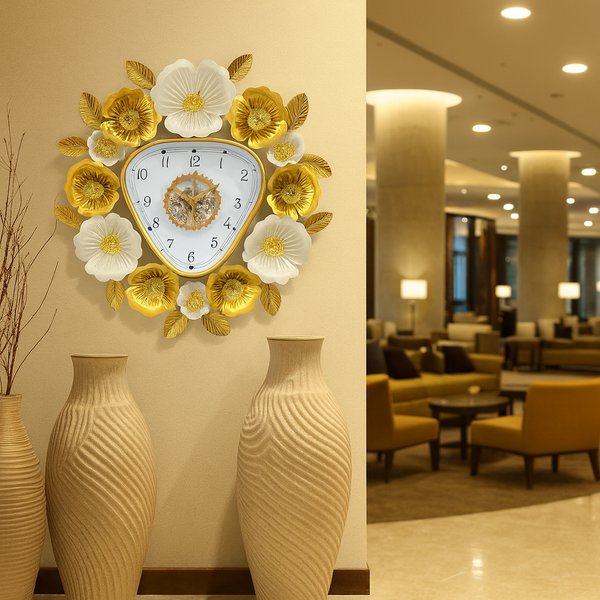Gold and White Floral Designer Wall Clock, Large Modern Metal Art, Geometrical Triangle Clock for Home Living Room Decor-Sona Casa