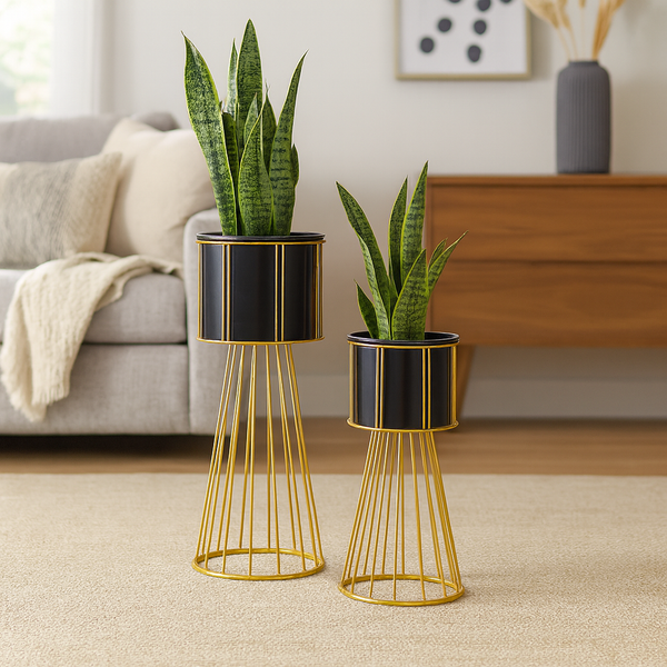Contemporary Black & Gold Metal Planter Pair, Set of 2 Tall Indoor Plant Stands for Home Decor-Sona Casa