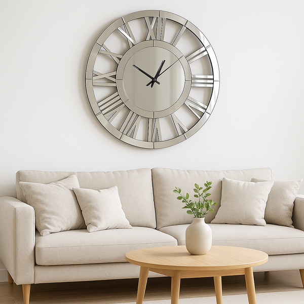 Large 60 cm Round Glass Mirror Wall Clock, Modern Roman Numeral Decorative Clock, Above Bed, Couch Decor, Gift-Sona Casa