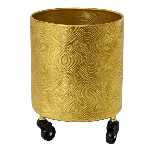 Gold Metal Foil Planters Set with Wheels and Drain Plug, Indoor Pot for Fresh or Faux Plants Home Decor Gift-Sona Casa