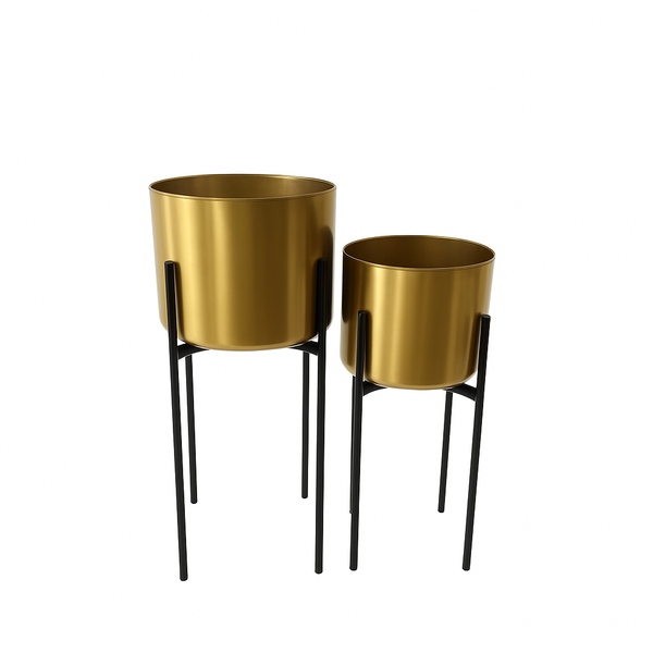 Modern Gold Planters with Black Stand Set, Electroplated Metal for Fresh or Faux Plants, Living Room Patio Decor Gifts-Sona Casa