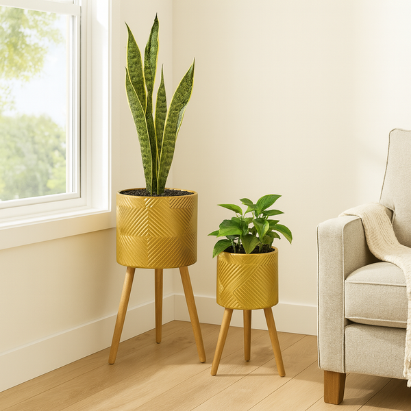Rustic Gold Foil Metal Plant Pots Set with Stand for Fresh or Artificial Plants, Indoor Home Office Decor, Gifts-Sona Casa