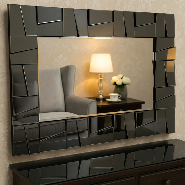 Extra Large 4 ft Grey Glass Mirror, Modern Block Design, Easy to Install Horizontal Vertical Orientation-Sona Casa
