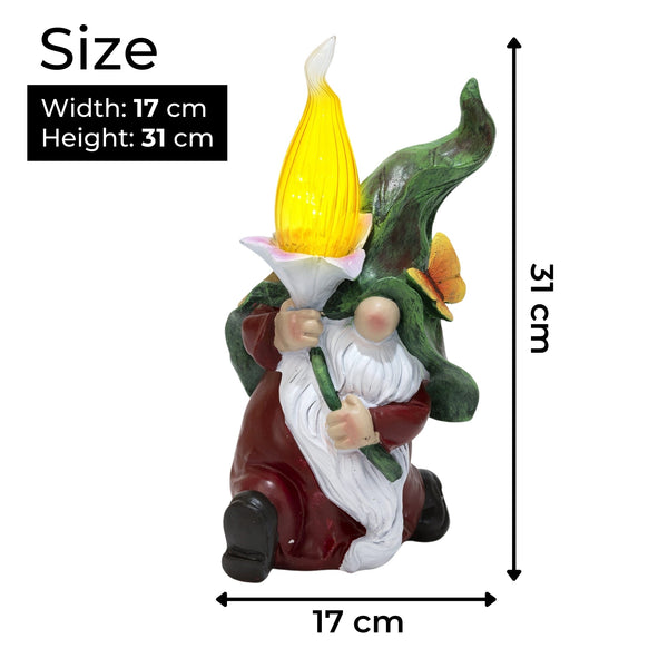 Polyresin Gnome Solar LED Torch Flame, 12" Garden Figurine Outdoor Decor by Sona Casa