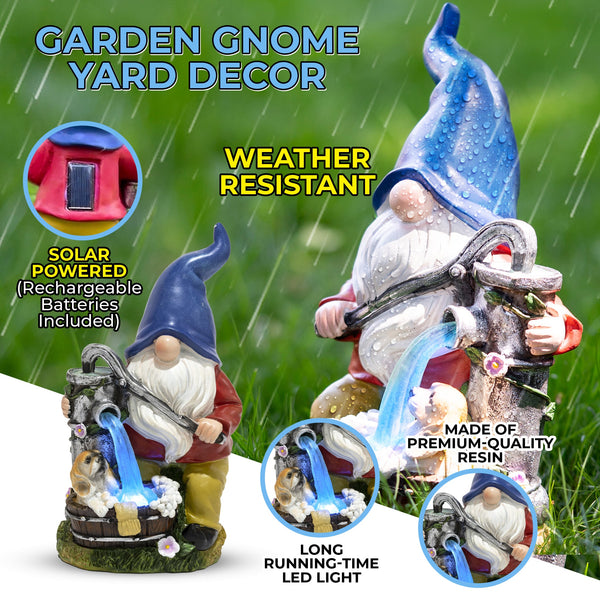 Blue Hat Bathing Dog Gnome With Pump - Polyresin Garden Statue With Solar LED Lights by Sona Casa
