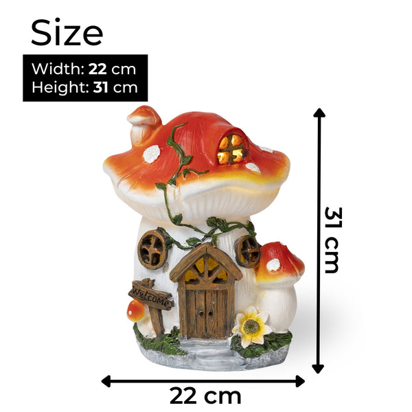 Enchanted Red & White Polyresin Mushroom House Solar Light, Whimsical Outdoor Garden Decor & Fairy Statue by Sona Casa