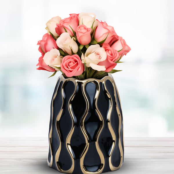 Black Ceramic Vase With Golden Trim , 10" and 8" Table Vase Centerpiece by Sona Casa