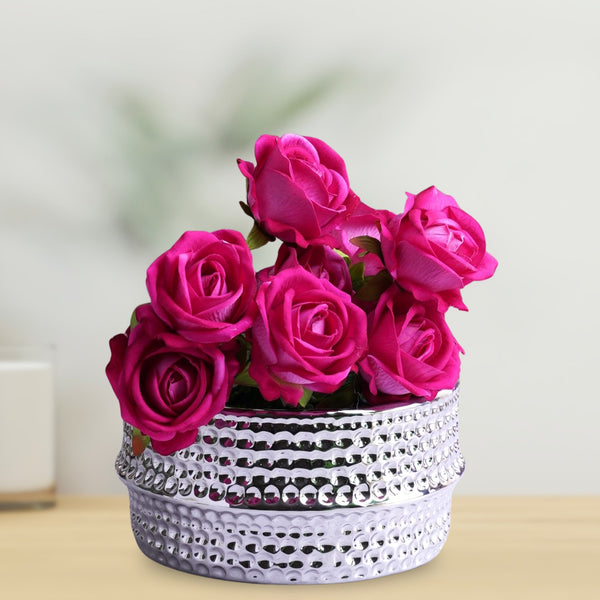 Ceramic Bud Vase, 4" Silver Chrome Textured Round Table Vase by Sona Casa