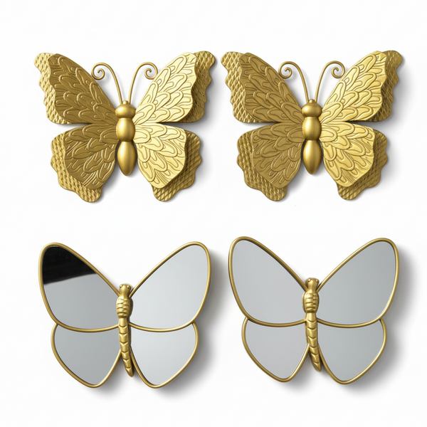 4 Piece Gold Butterfly Wall Decor Set, 3D Metallic Wall Sculpture & Mirrored Accents, Modern Glam Home Decor for Bedroom, Living Room, Nursery-Sona Casa
