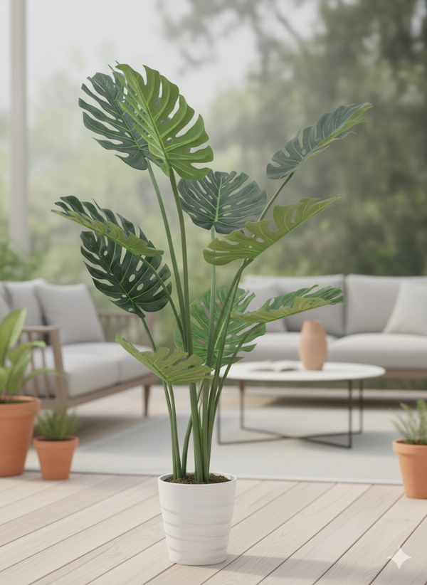 Large Artificial Monstera Plant, 120cm Nealy Natural with Cement Base, Indoor, Patio, Porch, Home Office Decor, Gifts-Sona Casa