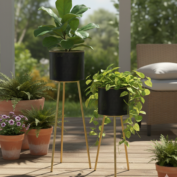 Modern Black Metal Plant Pot, Set of 2 Planters, Gold Tripod Stand, Indoor Outdoor Gift Decor for Home or Office-Sona Casa