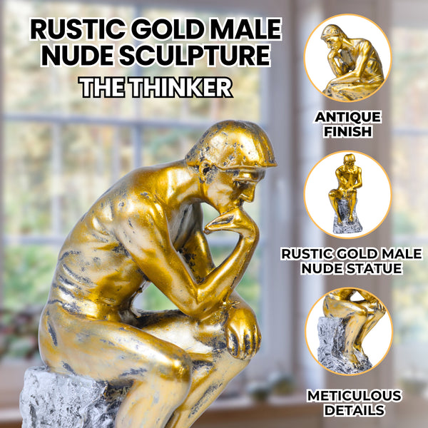 Rustic Gold Male Nude Sculpture, Auguste Rodin's The Thinker Gold Decor for Home or Office 10 inch 24 cm by Sona Casa