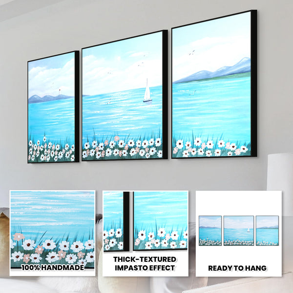Handmade Blue Lake, Boat Canvas, 79" Wide Wall Art Painting Decor by Sona Casa