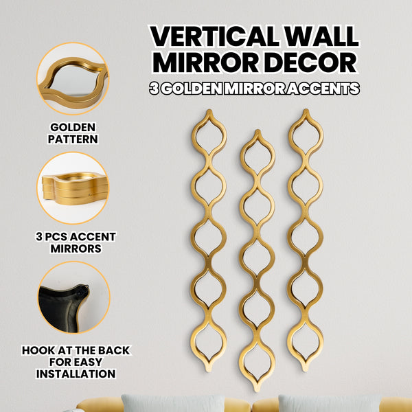 Vertical Wall Mirror Decor, 3 Teardrop Mirror Gold Accents, Indoor Wall Art for Living Room 35 inch, 88 cm-Sona Casa