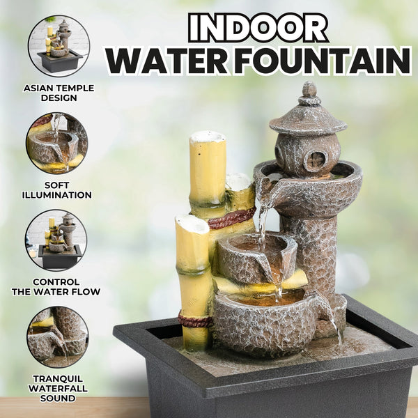 Indoor Water Fountain with Lights, 11" Asian Temple Desktop Waterfall by Sona Casa