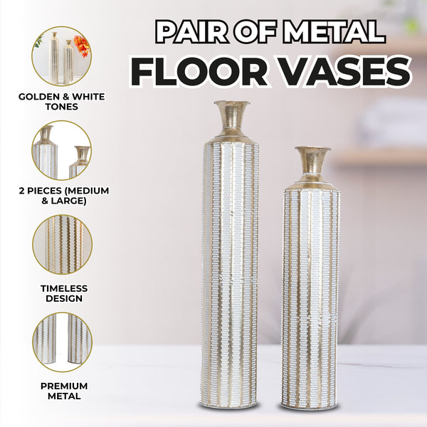 2 Piece Rustic Metal Floor Vases, Tall Vases, Golden White Distressed Design, Rustic Decorative Vase for Home, Indoor Decor Large 33 inch 83 cm Medium 27 inch, 70 cm by Sona Casa