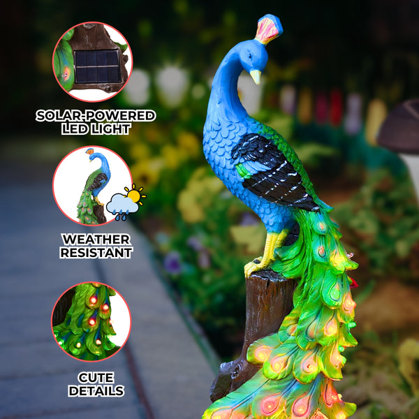 Peacock Garden Solar Light, Outdoor Fairy Garden Decor, Polyresin Solar Powered Statue, Blue Green Garden Sculpture, Patio Decor 19 inch 47 cm by Sona Casa
