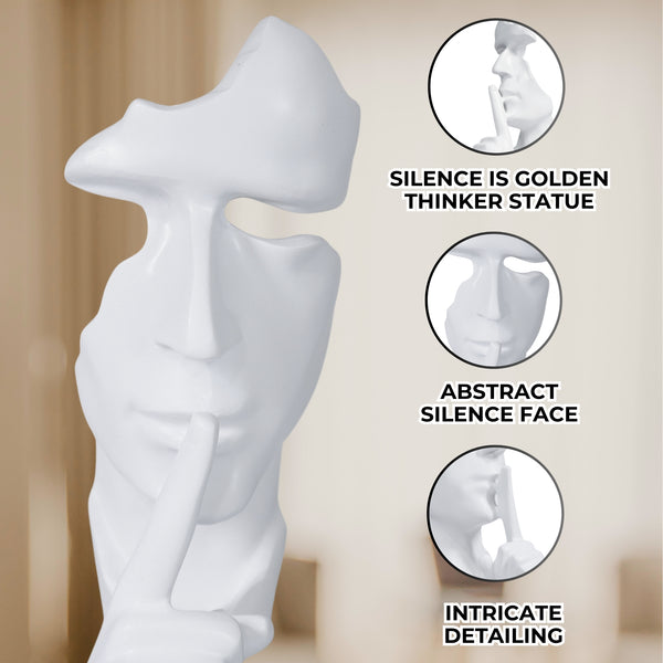 White Abstract Silence is Golden Silence Face Thinker Statue, Polyresin Artwork for Home or Office 12 inch 31 cm by Sona Casa