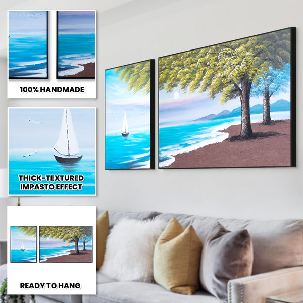 Large Lake Canvas Painting Set, 59" Wide Landscape Painting, Impasto 3D Art by Sona Casa
