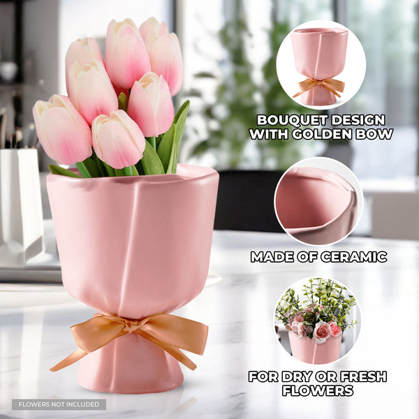 Bouquet Ceramic Vase, 6" Vase for Artificial or Fresh Floral Arrangements by Sona Casa