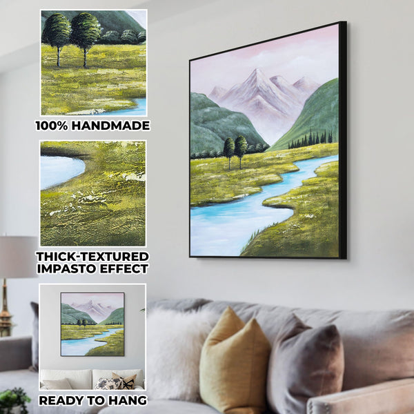 Mountain Creek Impasto Canvas, 31" 3D Textured Wood Framed Landscape Art by Sona Casa