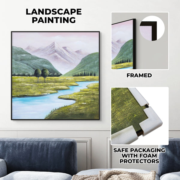 Mountain Creek Impasto Canvas, 31" 3D Textured Wood Framed Landscape Art by Sona Casa