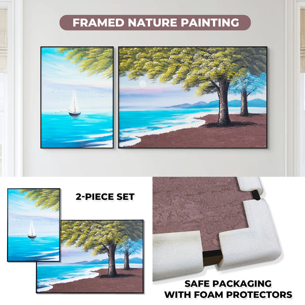 Large Lake Canvas Painting Set, 59" Wide Landscape Painting, Impasto 3D Art by Sona Casa